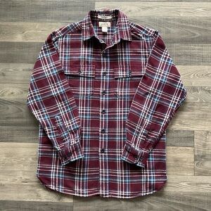 LL Bean Chamois Shirt Men’s Size SMALL Maroon Blue White Plaid Button Up 277981